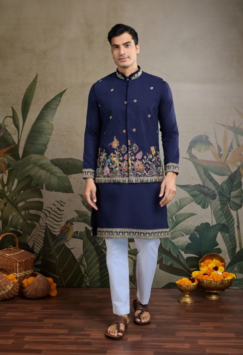 Stylish Navy Men's Kurta Koti Set – Elegant & Trendy